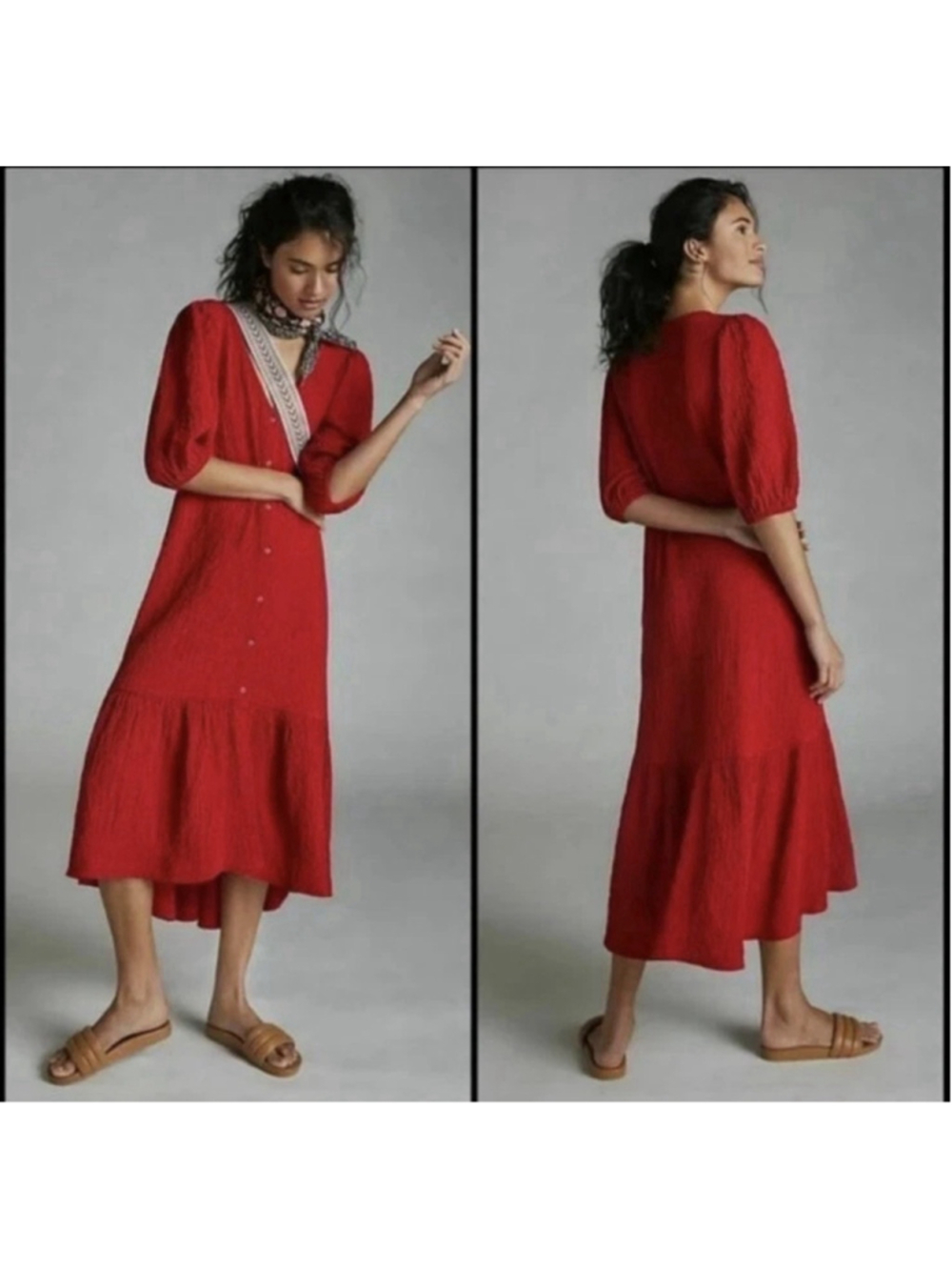 Anthropologie Meave M Scarletta Midi Dress Button Down Seersucker Boho Red EUC